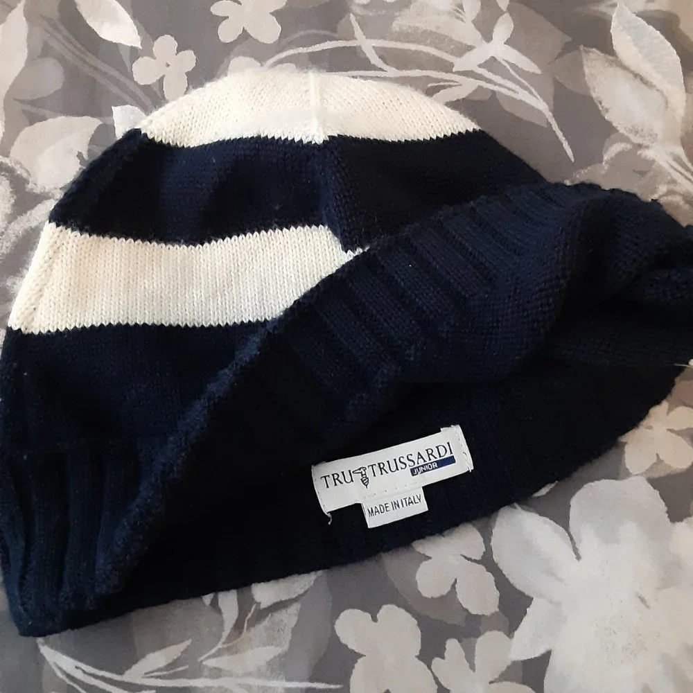 Trussardi Junior - blue and ivory striped wool knit hat - MADE IN ITALY
